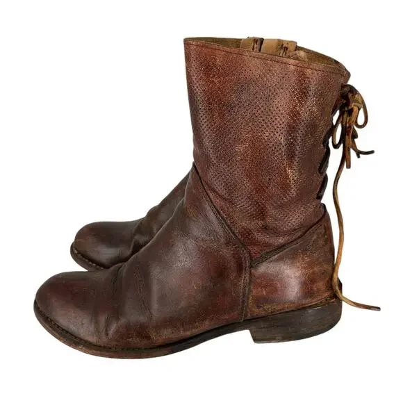 Bed Stu Cheshire Womens Boots Perforated Tie Back Size 9 Benchmade Cognac - Picture 2 of 13